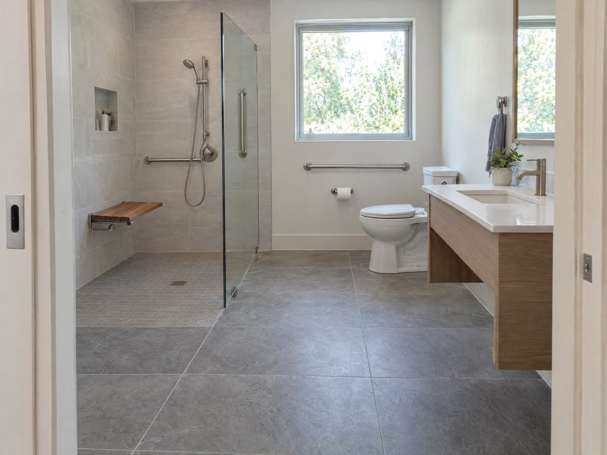 Accessible bathroom: curbless roll-in shower with a fold-down teak bench, grab bars and a handheld shower, wall-hung vanity, comfort-height toilet