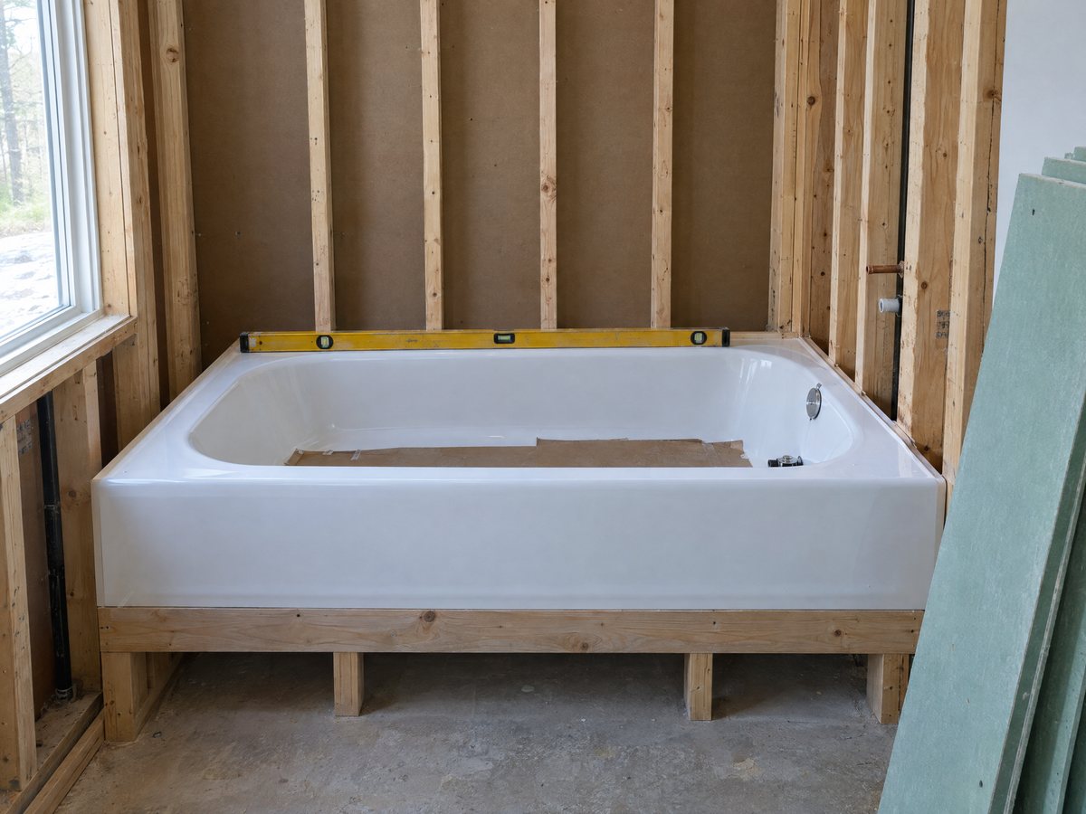 Bathtub replacement in progress: a new white alcove tub set in the framed alcove with a level across the rim and backer panels waiting