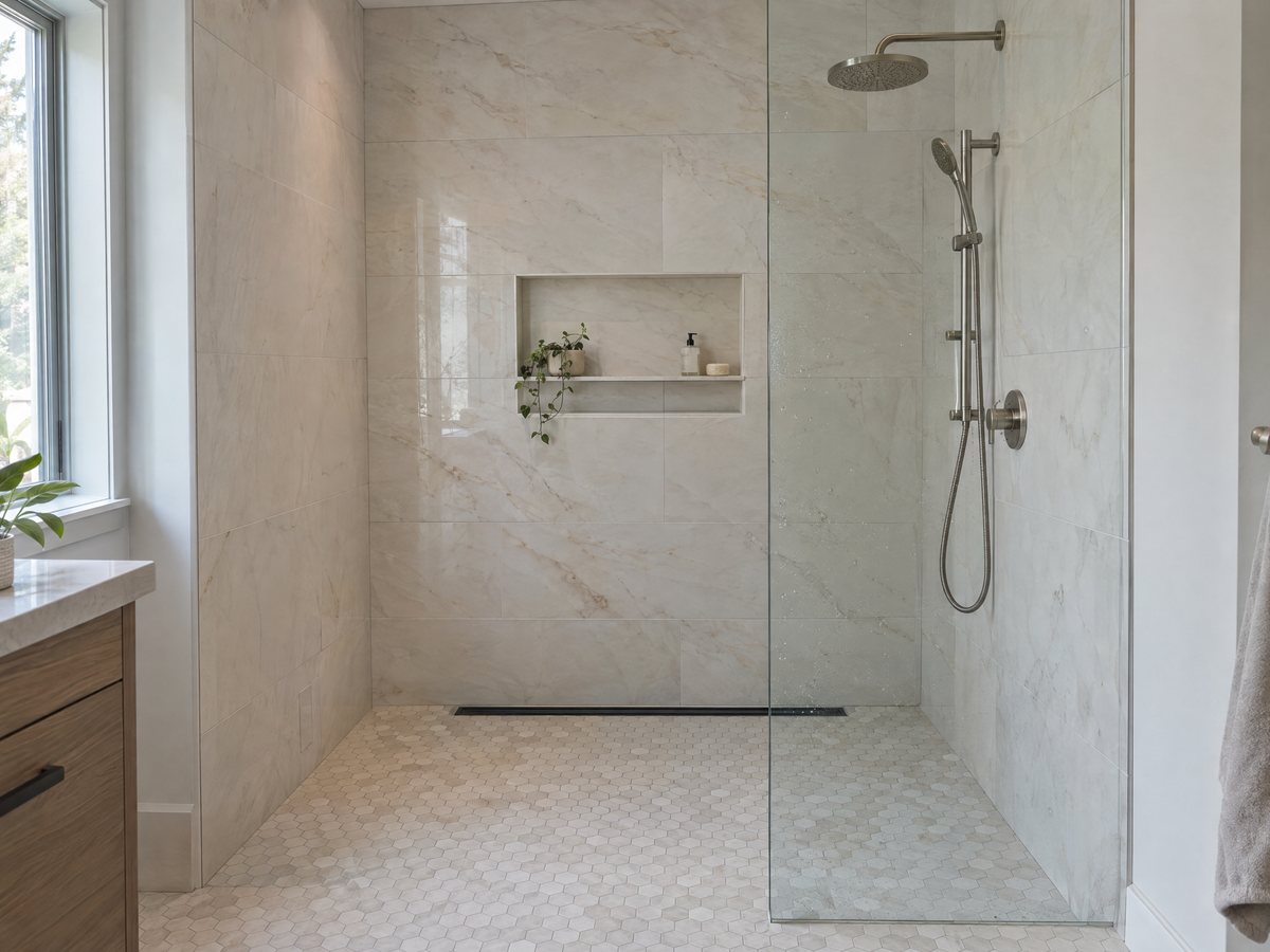 Finished curbless walk-in shower: large-format porcelain walls, tiled niche, matte-black linear drain, hexagon floor running in without a curb