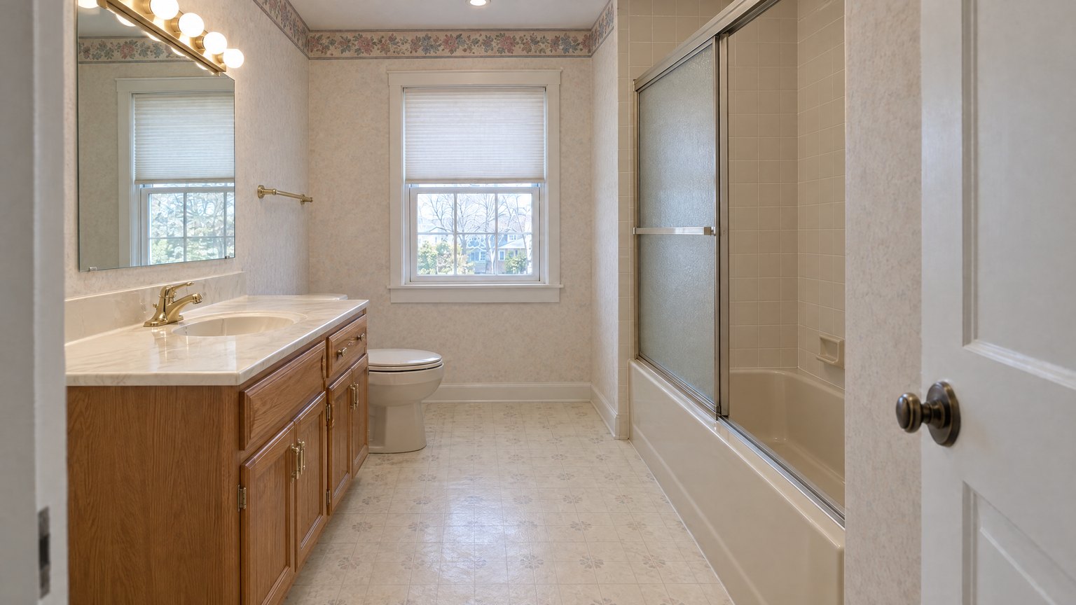 The bathroom as found: a 1990s hall bath with an almond tub behind a sliding door, oak vanity, brass fixtures and sheet vinyl