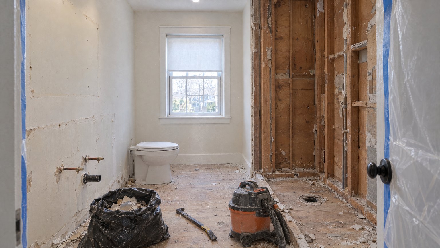 Demolition: tub, surround and vanity removed, walls open to the studs, floor stripped to plywood, debris bagged