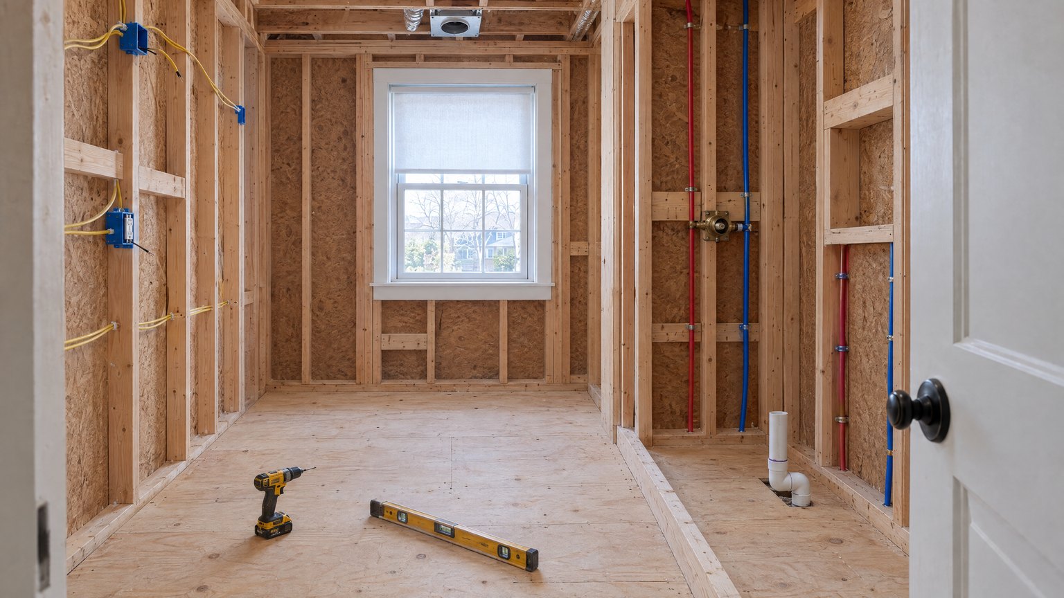 Rough-in: new PEX supply lines, a pressure-balance valve body, a 2-inch drain, electrical boxes and the exhaust fan housing between bare studs