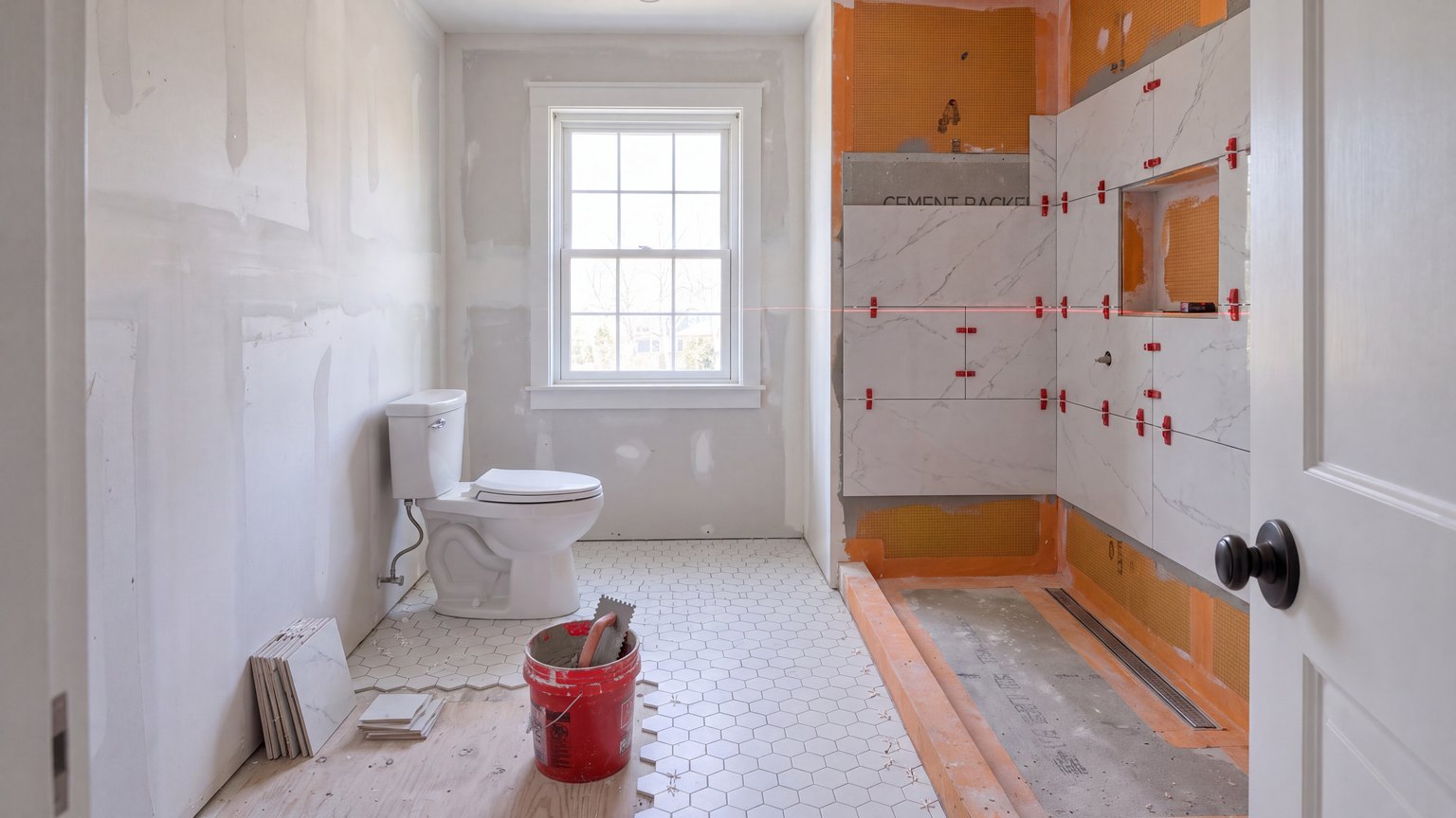 Waterproofing and tile: cement board and orange membrane on the shower walls, large-format porcelain tile going up, hexagon floor tile half laid