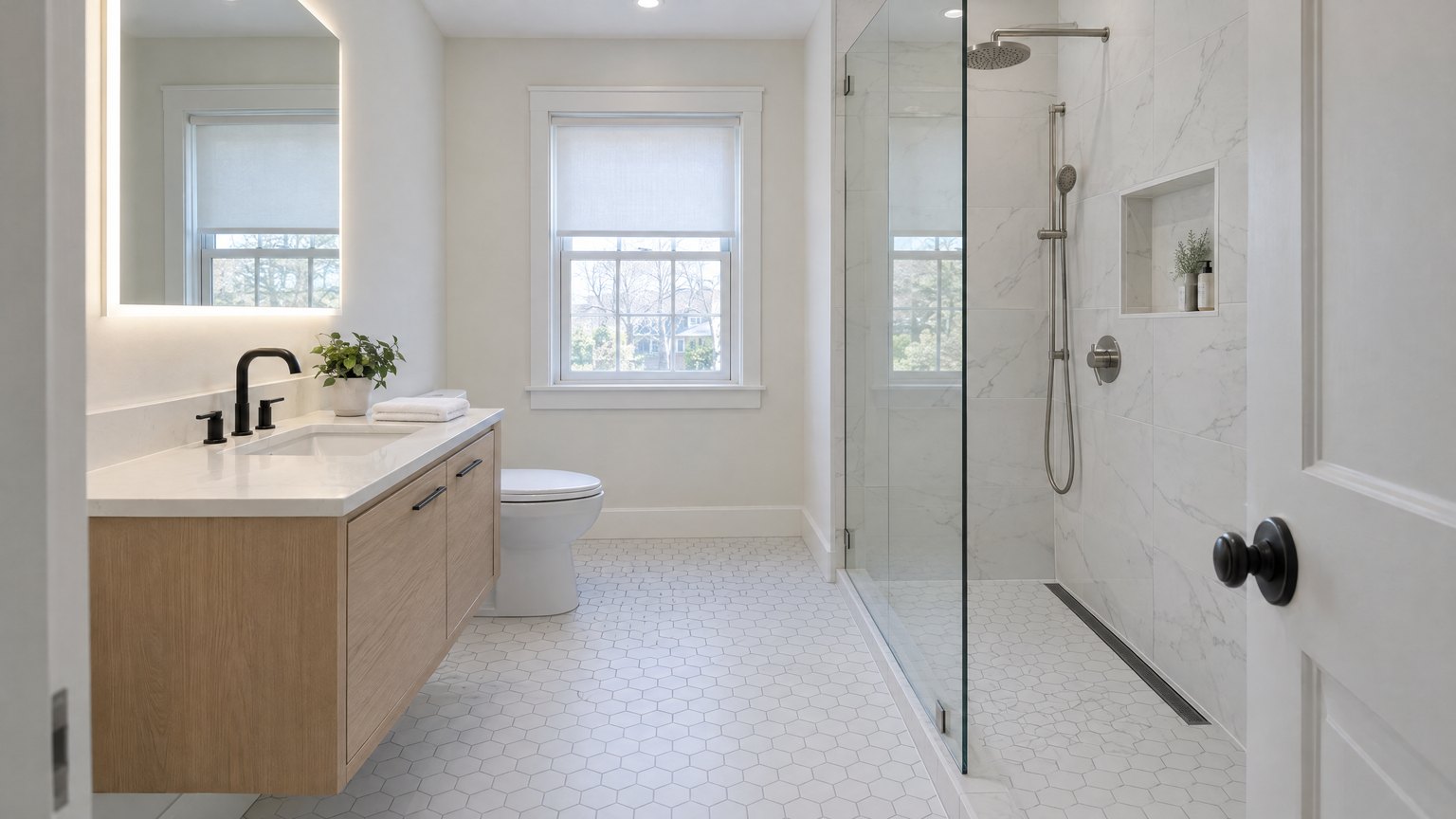 The finished bathroom: walk-in shower behind frameless glass, white large-format tile, hexagon floor, floating oak vanity and warm light