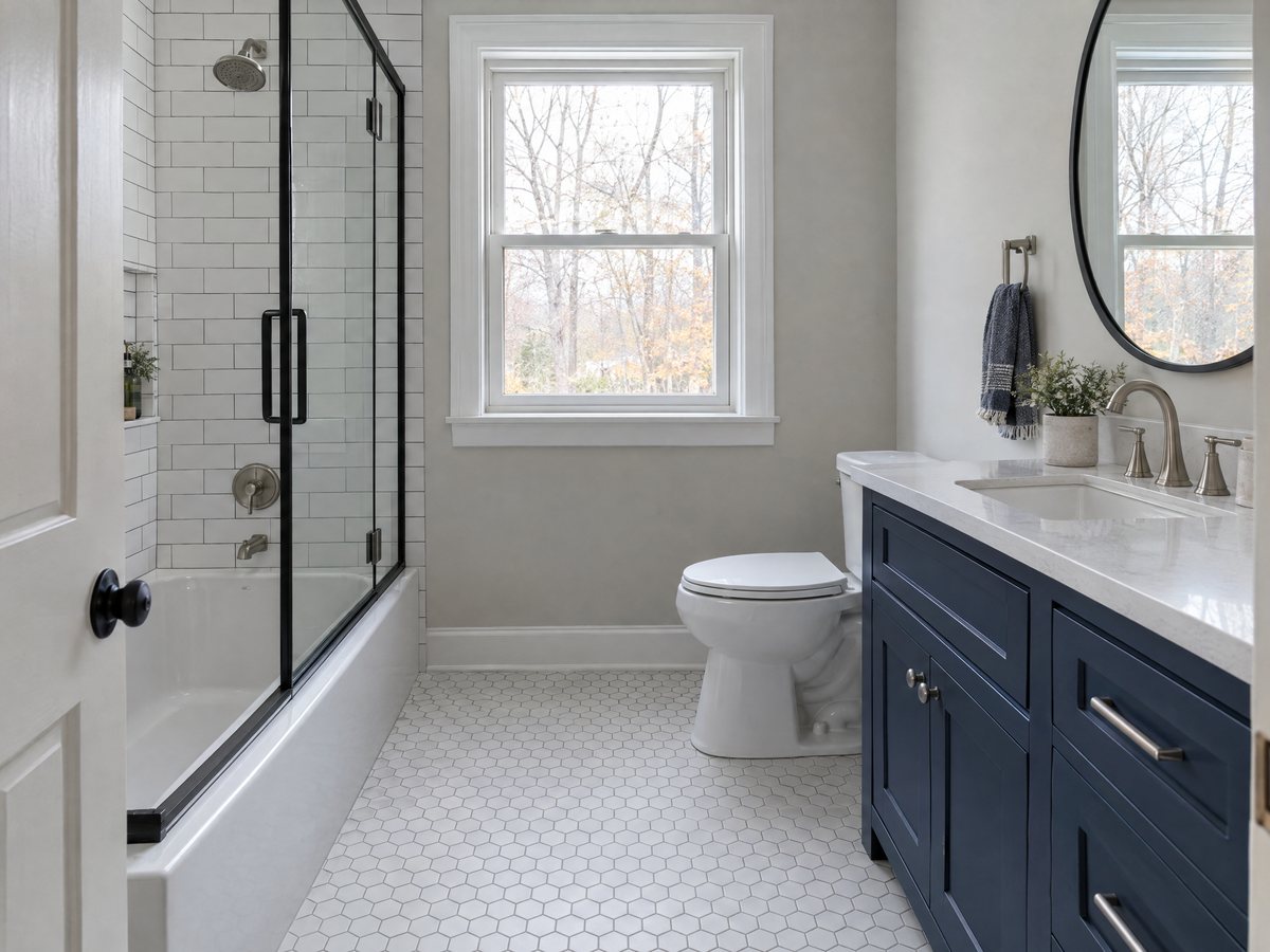 Remodeled family bathroom: navy vanity with a quartz top, white subway tile tub-shower behind a black-framed glass door, hexagon floor
