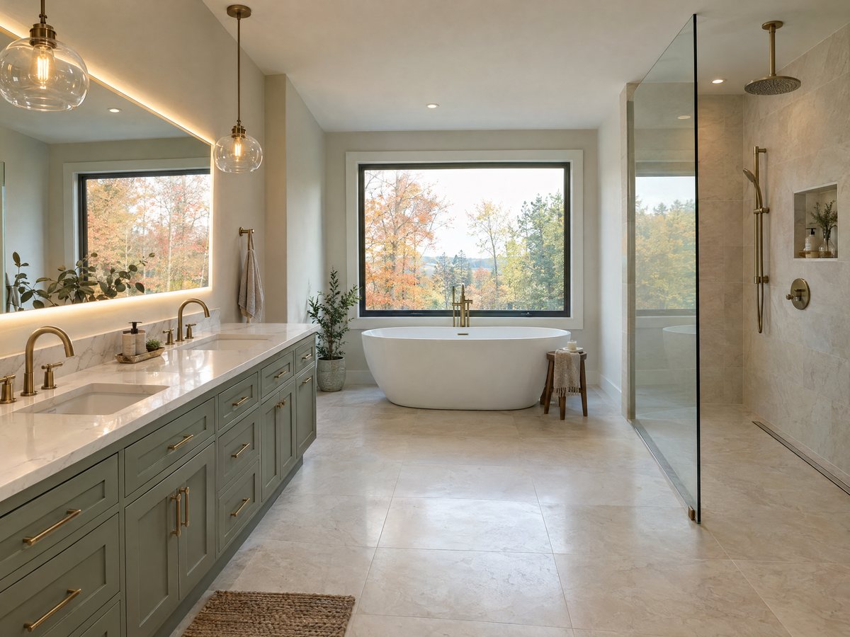Primary bathroom with a sage double vanity, a freestanding tub by a picture window and a curbless glass shower