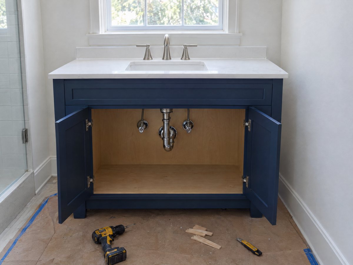 Navy shaker vanity with a new quartz top and faucet, doors open to the chrome p-trap and shutoff valves, drill and shims on the floor