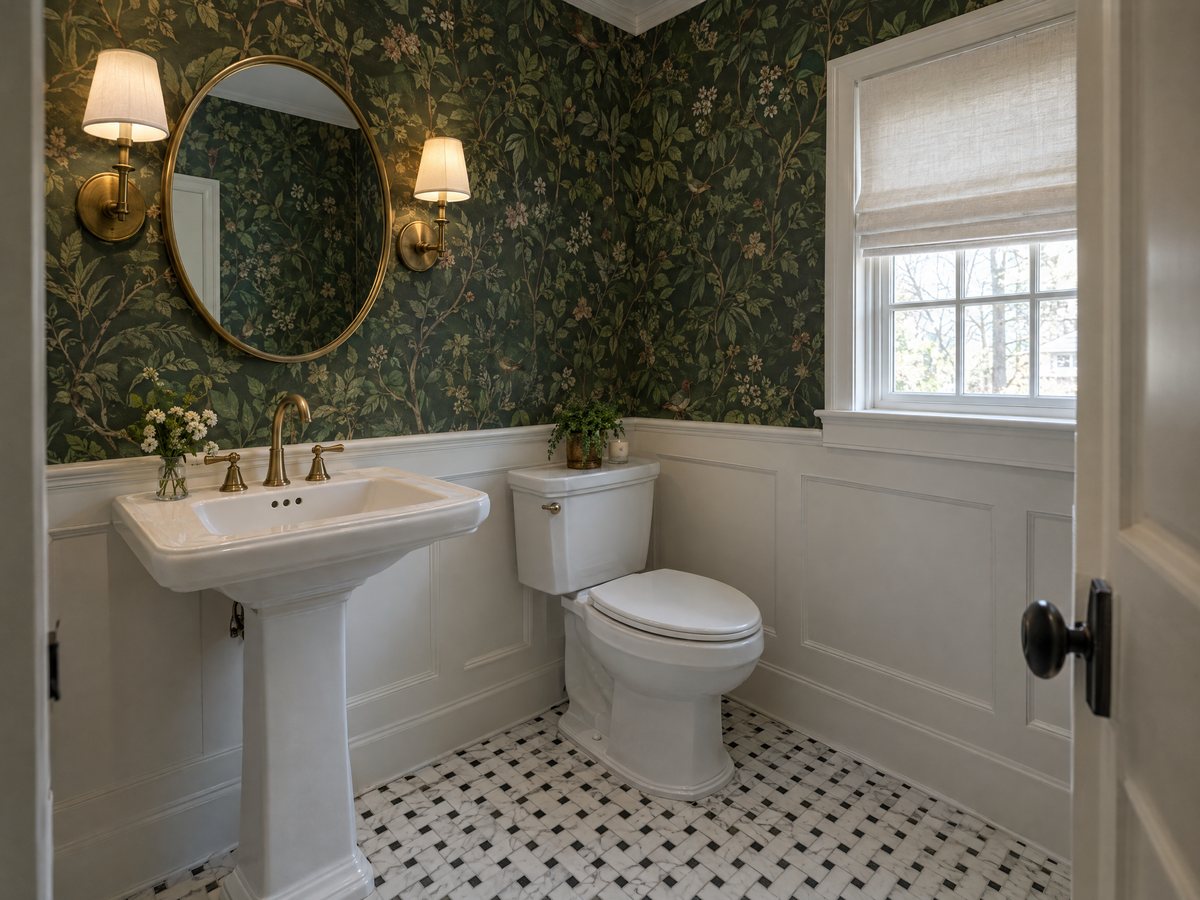 Powder room with deep green botanical wallpaper, white wainscoting, a pedestal sink with a brass faucet, round brass mirror and basketweave floor