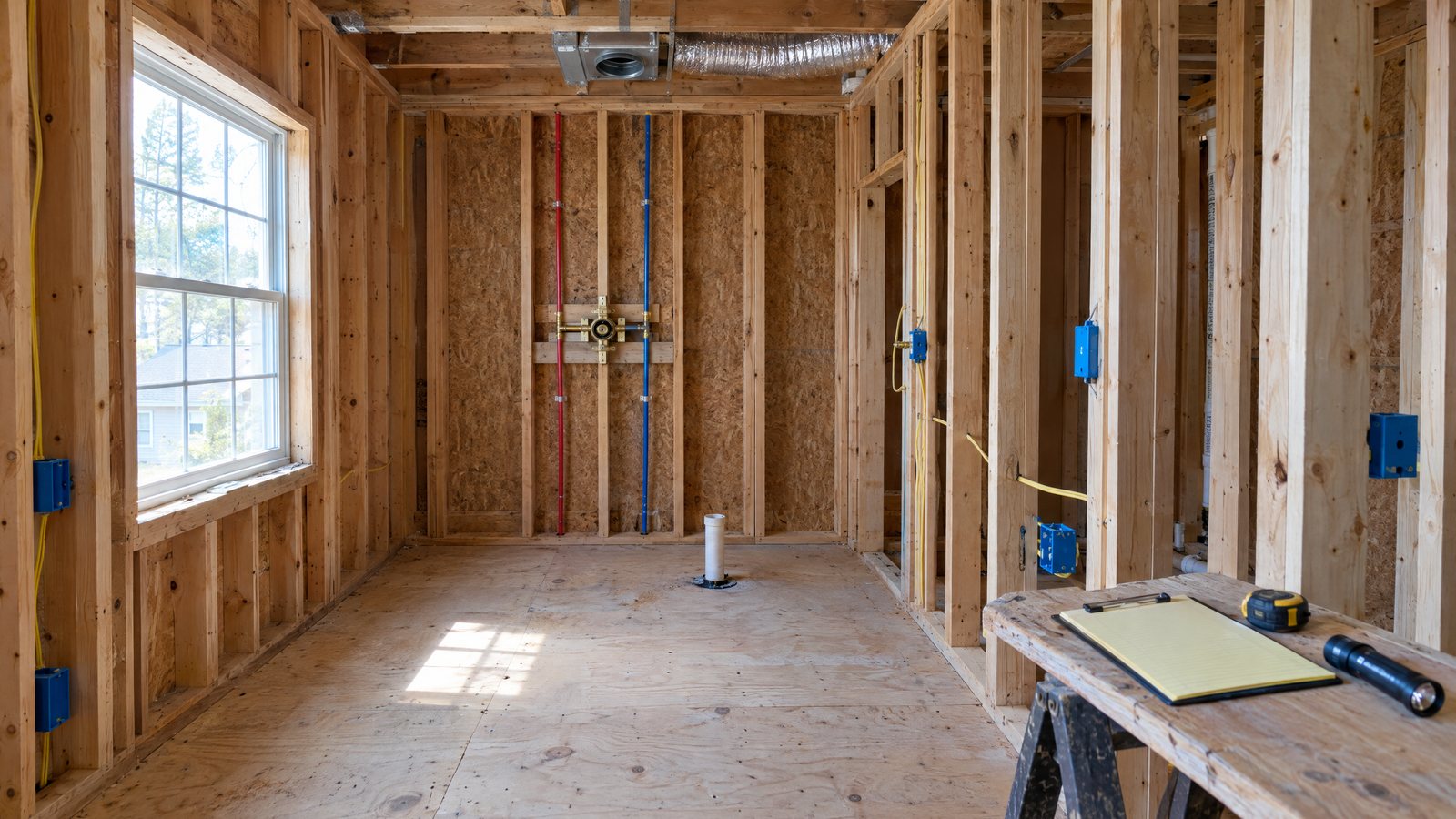 Bathroom at the rough-in inspection stage: bare studs with PEX lines, a shower valve body, a 2-inch drain, electrical boxes and a clipboard on a sawhorse