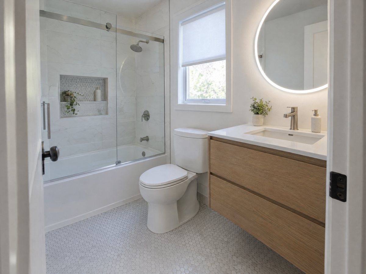 Small hall bathroom after a remodel: 60-inch alcove tub with white porcelain walls and a niche, floating oak vanity, round LED mirror