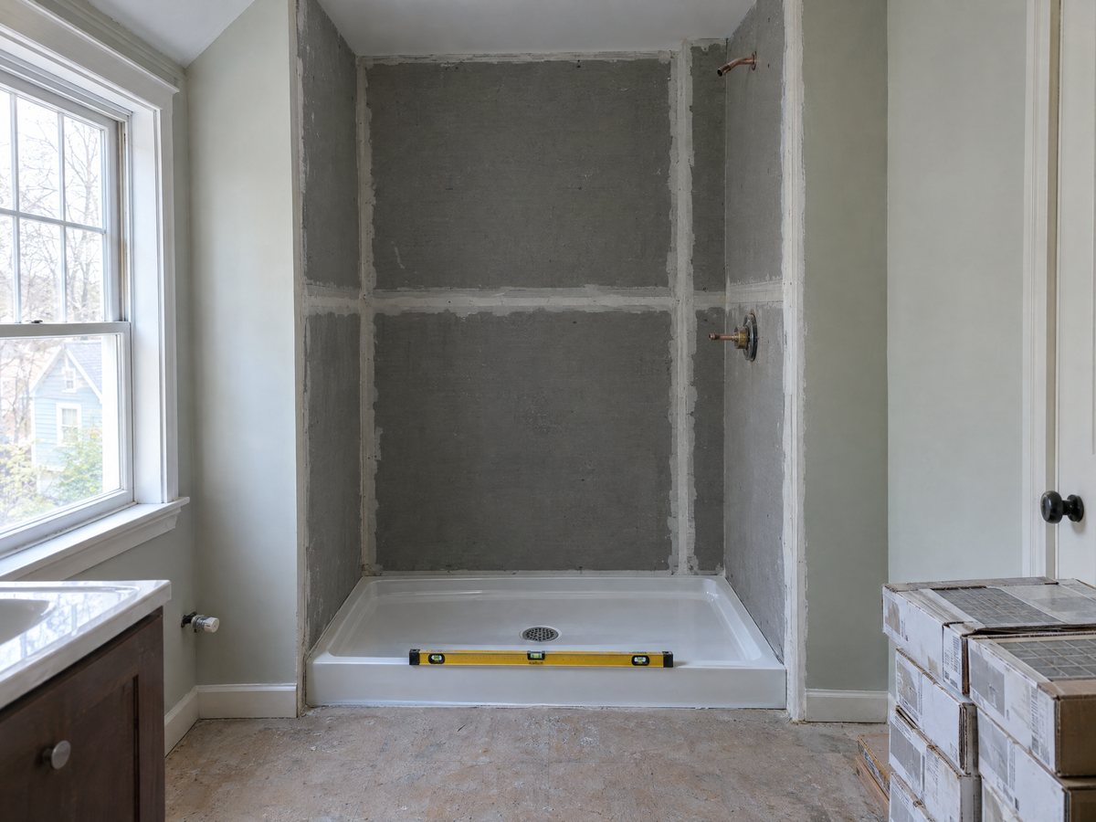 Tub-to-shower conversion in progress: new acrylic shower base leveled in the old tub alcove, cement board walls, valve stubbed through
